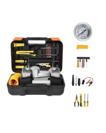 KIT AUTO PENTRU PANA, COMPRESOR AUTO CU 2 CILINDRI, 12V, METALIC + ACCESORII