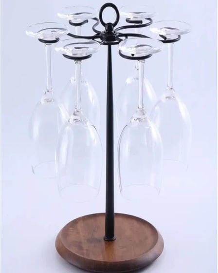 Suport pentru 6 Pahare de Vin, din Metal cu Baza din Lemn, 35cm Inaltime, Negru cu Maro