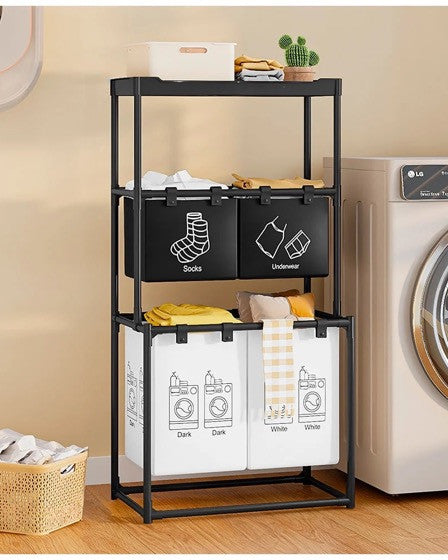 Cos de rufe, 3 niveluri, 4 sectiuni, metal, negru