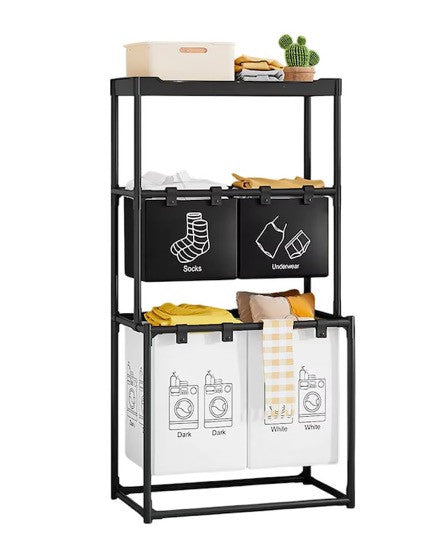 Cos de rufe, 3 niveluri, 4 sectiuni, metal, negru