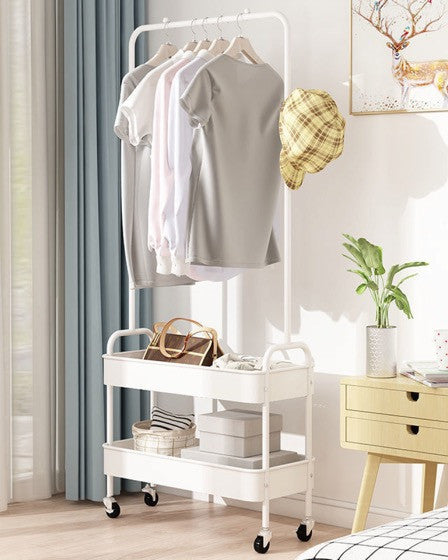 Suport portabil 2 rafturi, 2 carlige, 4 roti, 159 cm, Alb