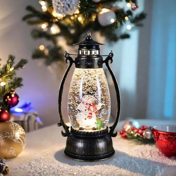 Decoratiune Luminoasa, Felinar de Craciun, cu Lumina LED, Ornament Model Lampa cu Ulei Om de Zapada, cu Maner, 14x7x6 cm, Negru