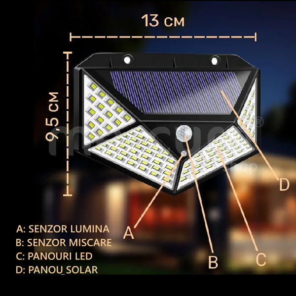 Lampa solara 100 LED cu lumina puternica si 3 moduri
