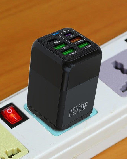 Incarcator Multifunctional, 6 Porturi (2 x PD Type C + 4 USB), 150 W, 5V, 2.4A, Incarcare Rapida, 4.4 x 4.4 x 11 cm, Negru
