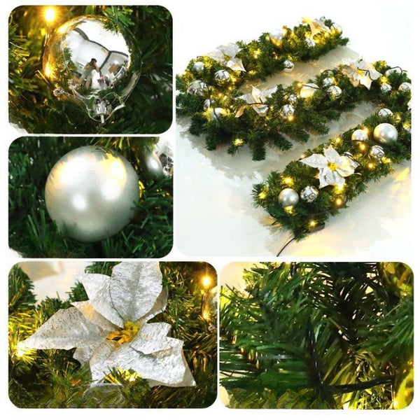 Ghirlanda Craciun, cu leduri, globuri si flori argintii, 2.70 m